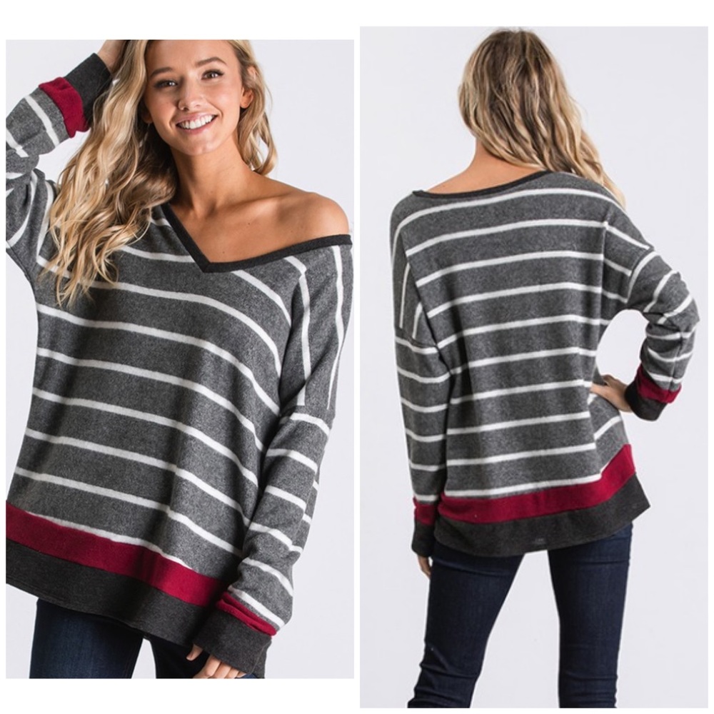Brushed Knit Gray Stripe Pullover